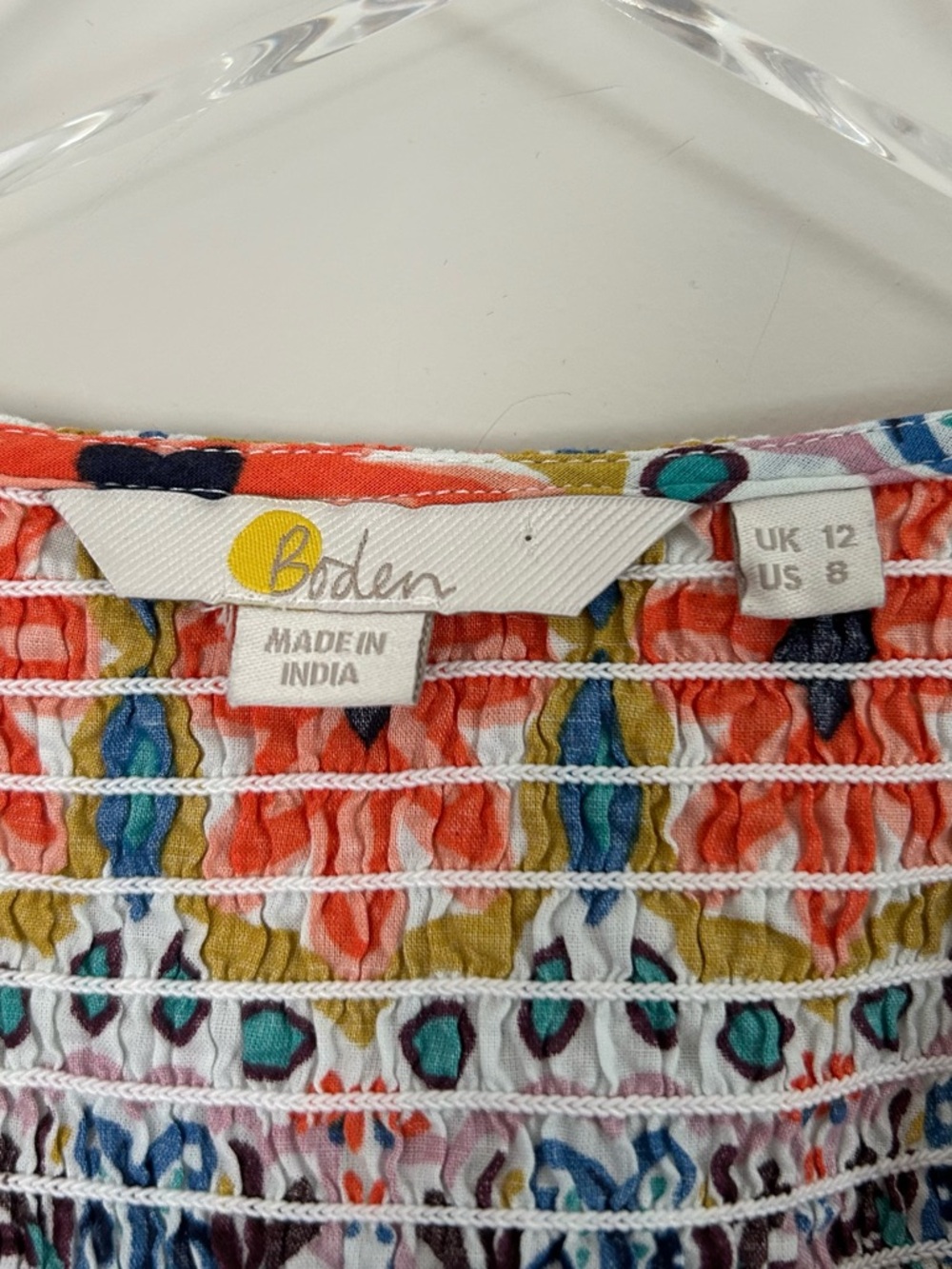 Boden Floral Print Ruched Smocked Puff Elbow Sleeve Blouse White Blue Size 8 - Picture 6 of 7